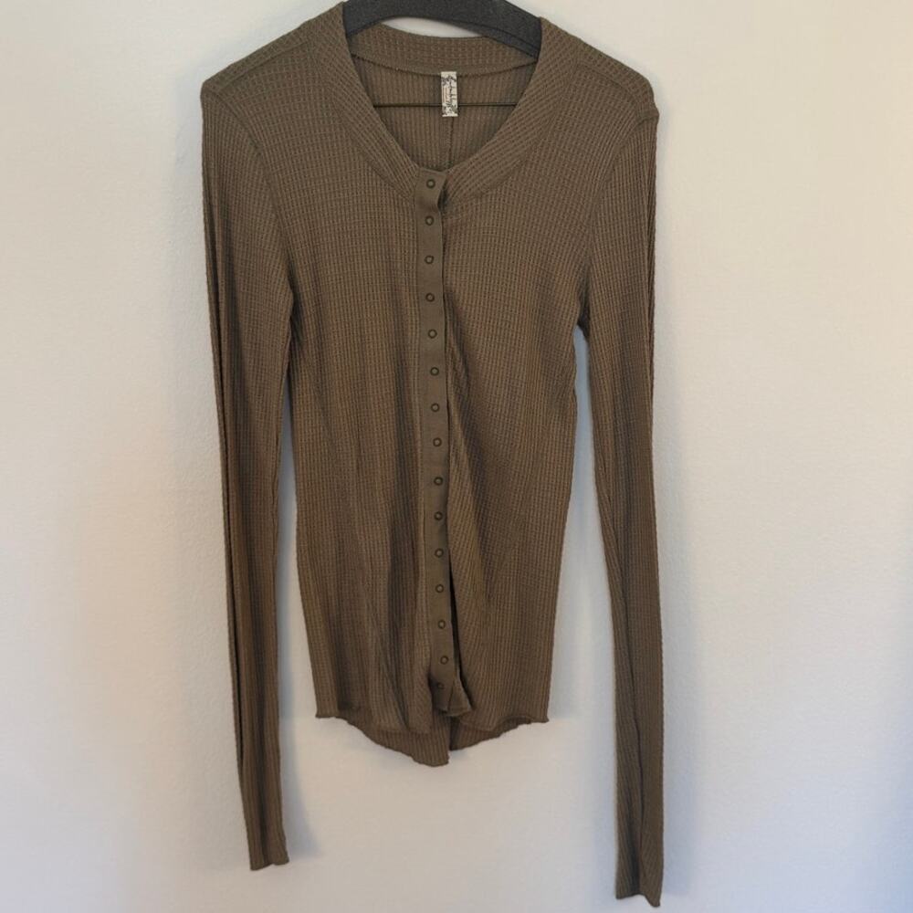 Free People Going Places Cardi Brown Waffle Knit Button Front Fitted Cardigan